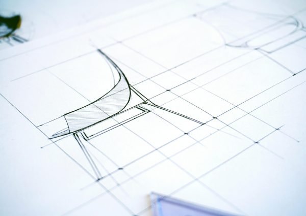 Detailed sketch of a modern chair design showcasing precise lines and geometric shapes.